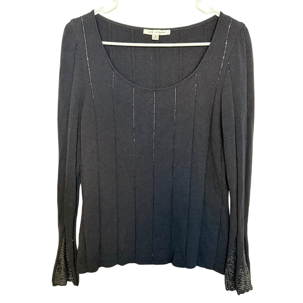 ST JOHN Black Knit Long Sleeve Sequin Embellished Bell Sleeve Sweater Top Size S